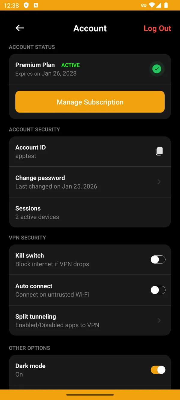 XCONN VPN account screen showing an active premium plan and its renewal date