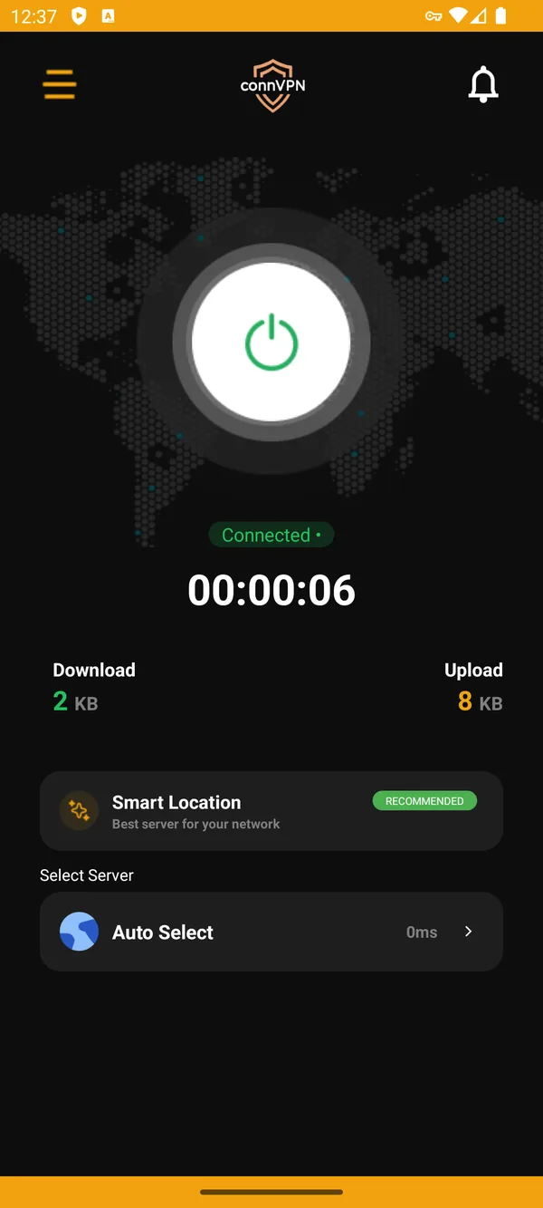 XCONN VPN Android app connected, showing live download and upload speed