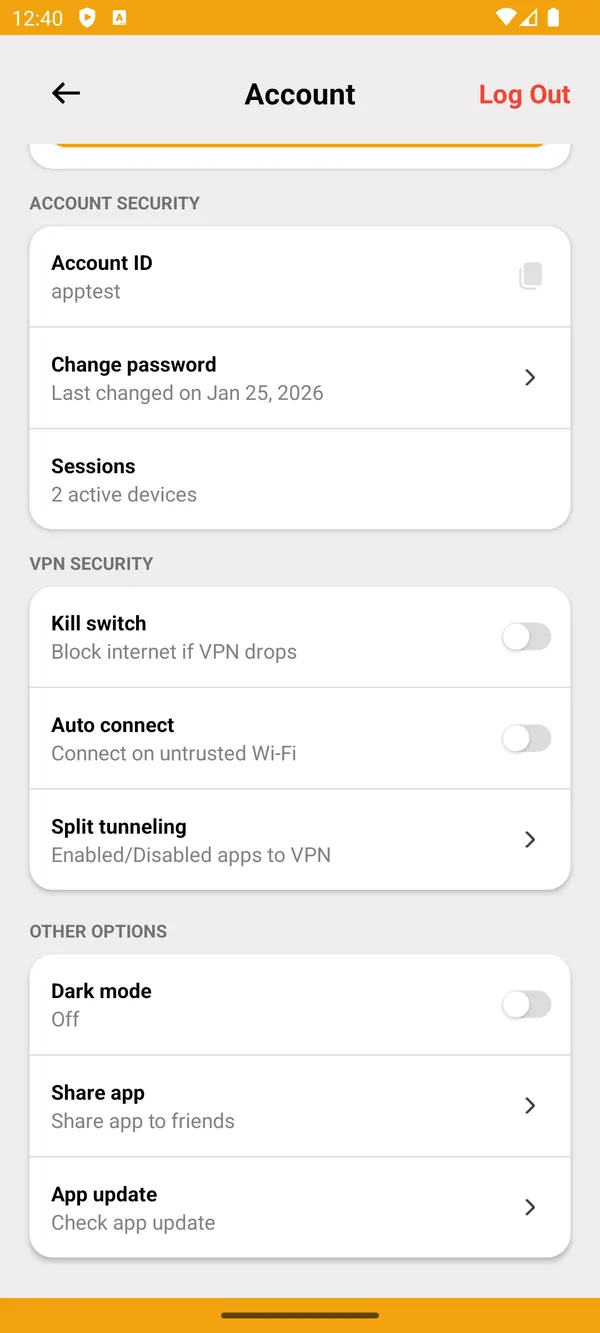 XCONN VPN security settings with kill switch, auto connect and split tunnelling