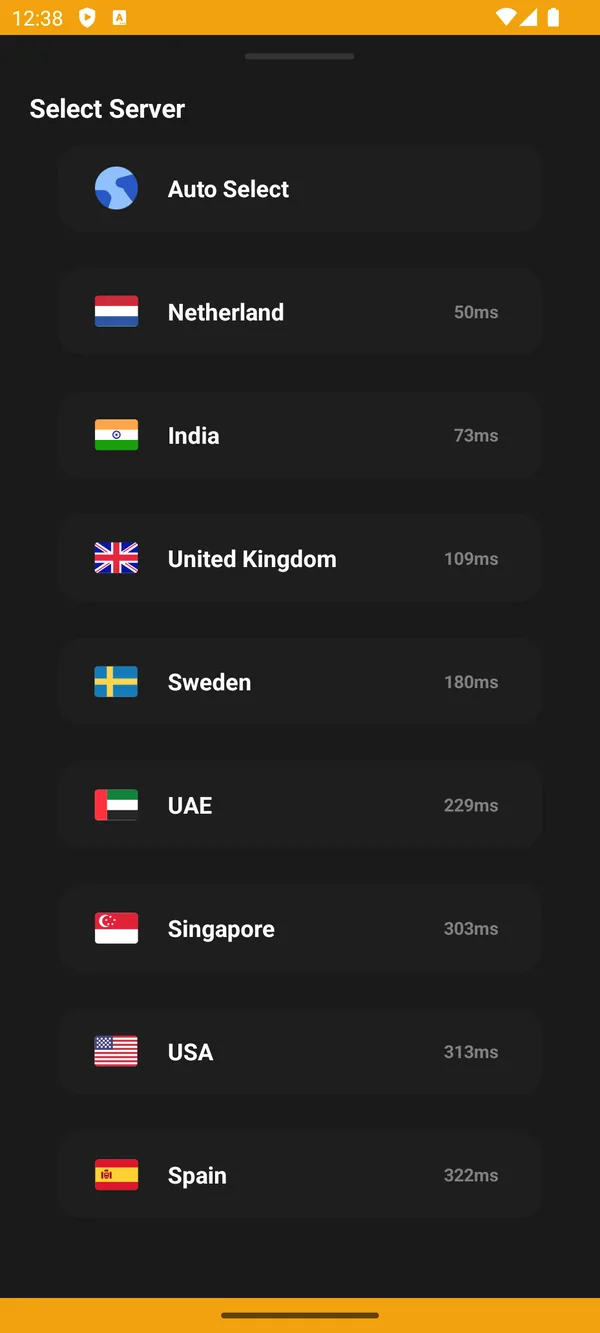 XCONN VPN server list with live ping for each country