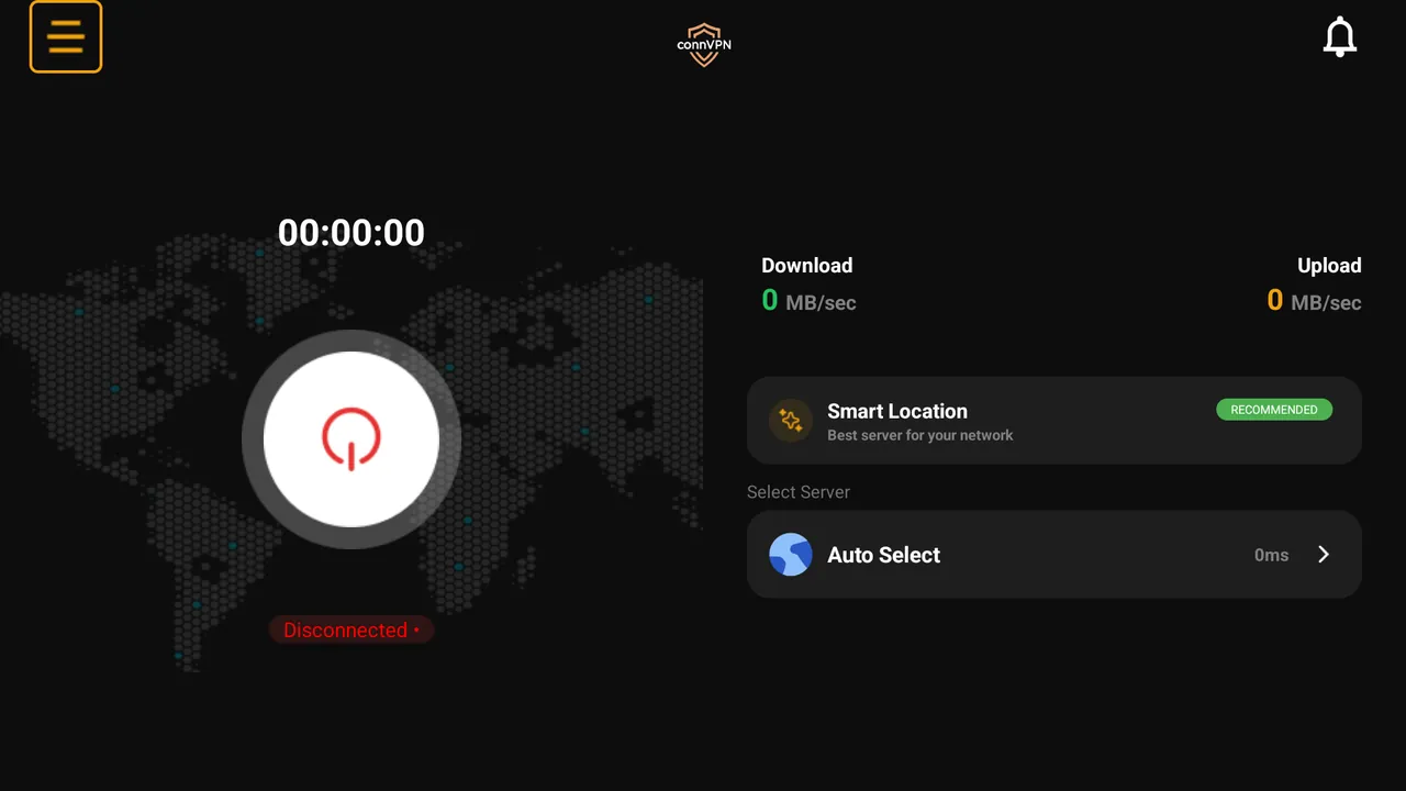 XCONN VPN home screen showing the connect control, live speed and Smart Location
