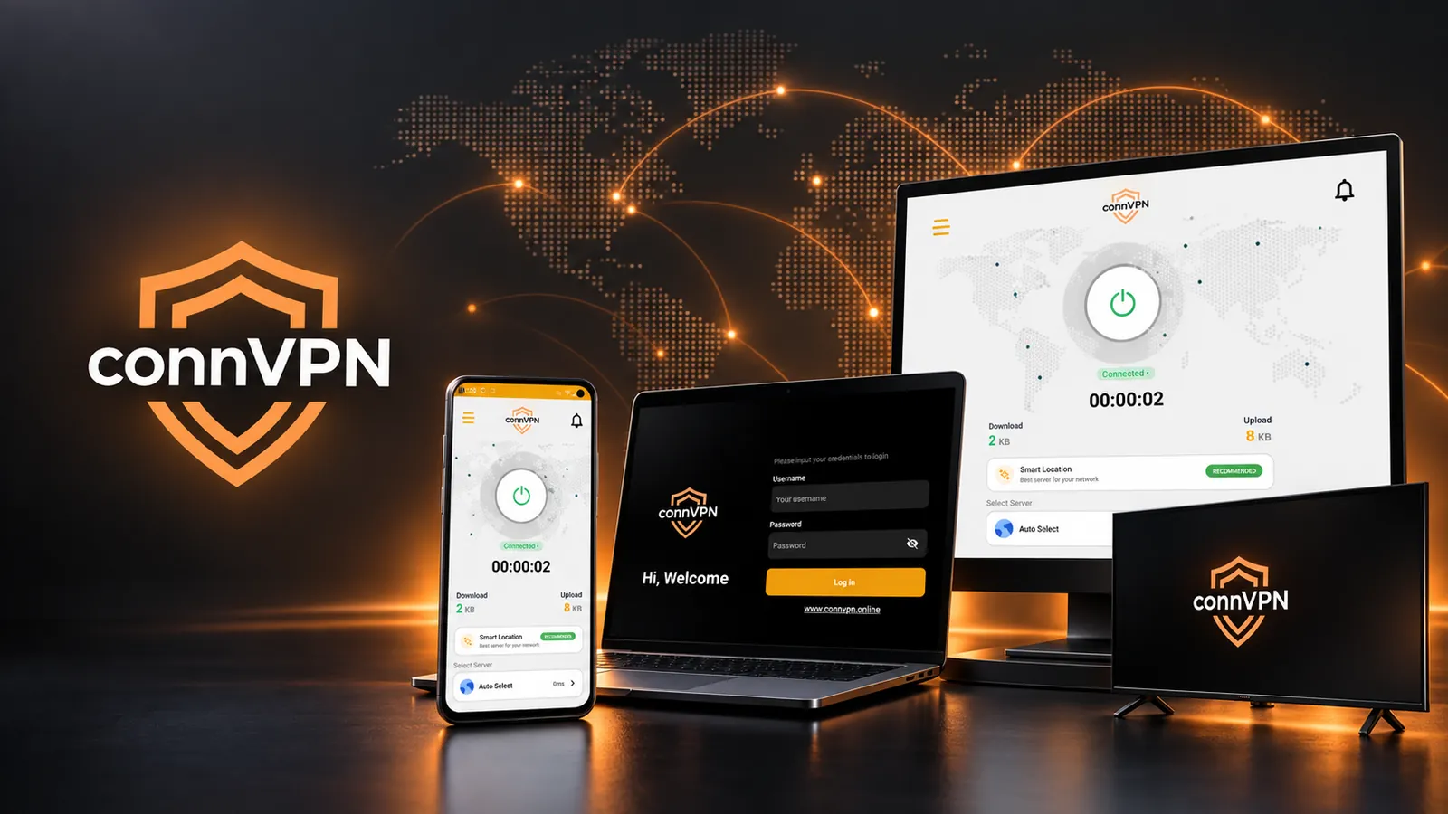 XCONN VPN running on a phone, laptop, desktop monitor and television